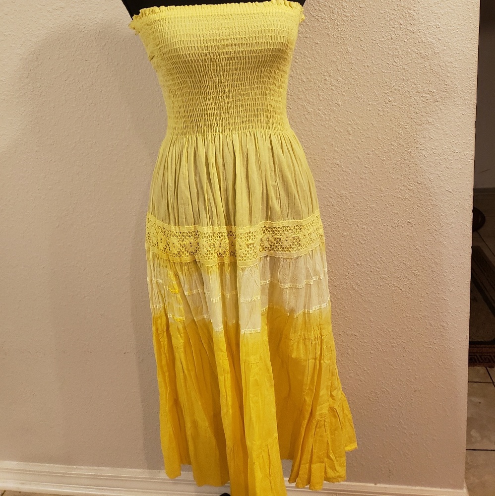 Yellow Smocked Tiered Strapless Sundress